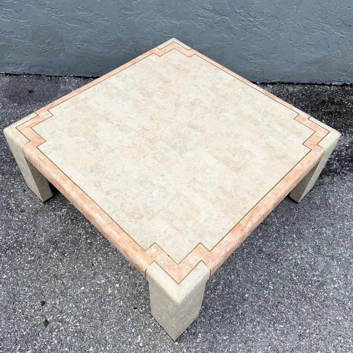 Postmodern Tessellated Stone Coffee Table with Brass Inlay Dolphin & Flamingo