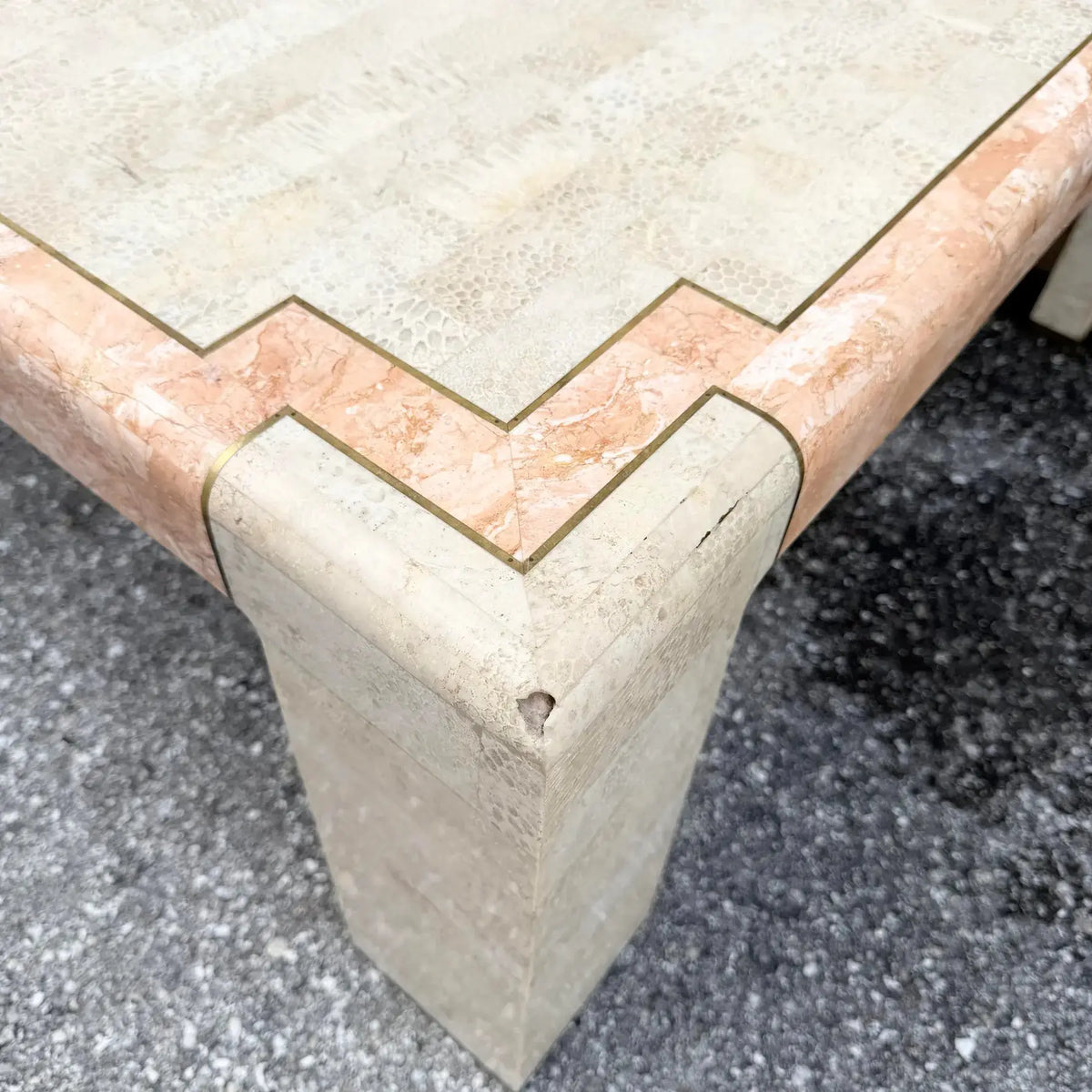 Postmodern Tessellated Stone Coffee Table with Brass Inlay Dolphin & Flamingo