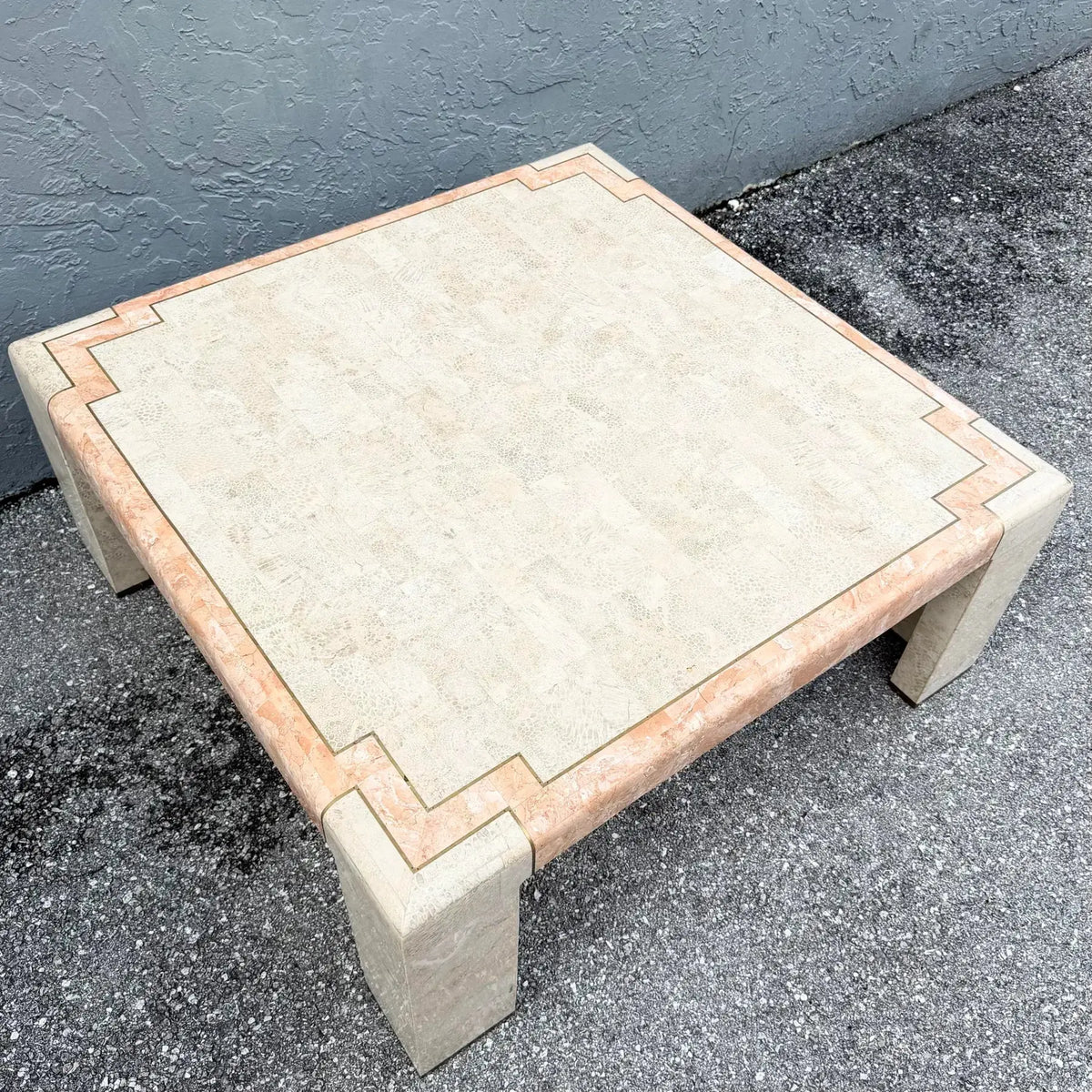 Postmodern Tessellated Stone Coffee Table with Brass Inlay Dolphin & Flamingo
