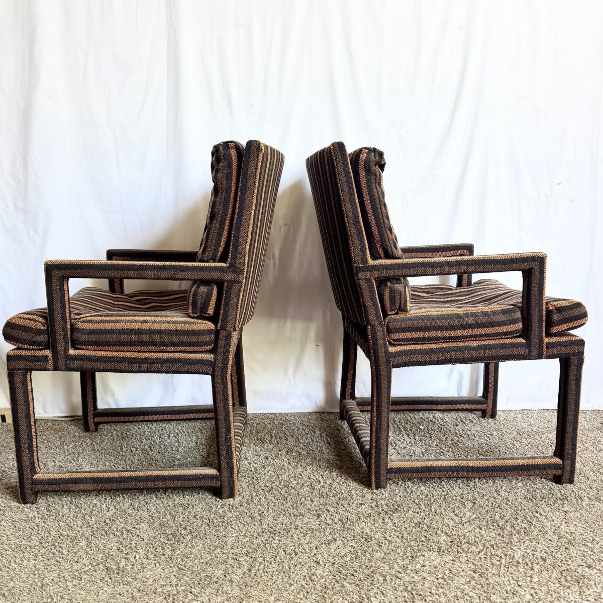 Postmodern Black and Brown Tufted Parsons Arm Chairs - A Pair - Dolphin & Flamingo