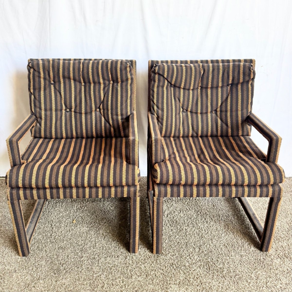 Postmodern Black and Brown Tufted Parsons Arm Chairs - A Pair - Dolphin & Flamingo