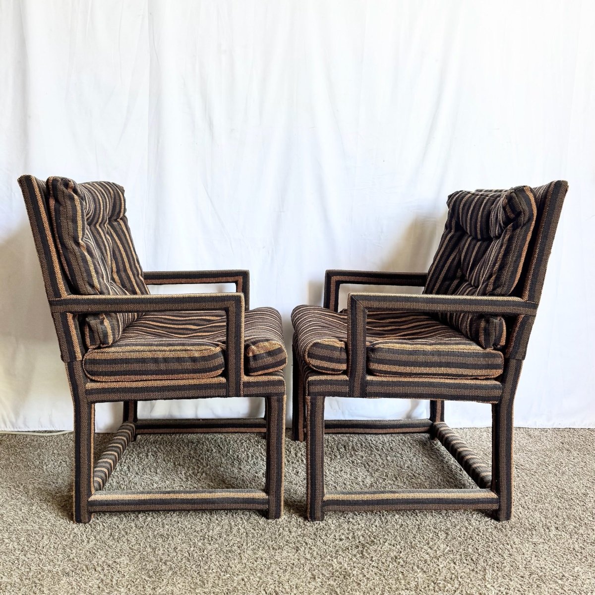 Postmodern Black and Brown Tufted Parsons Arm Chairs - A Pair - Dolphin & Flamingo