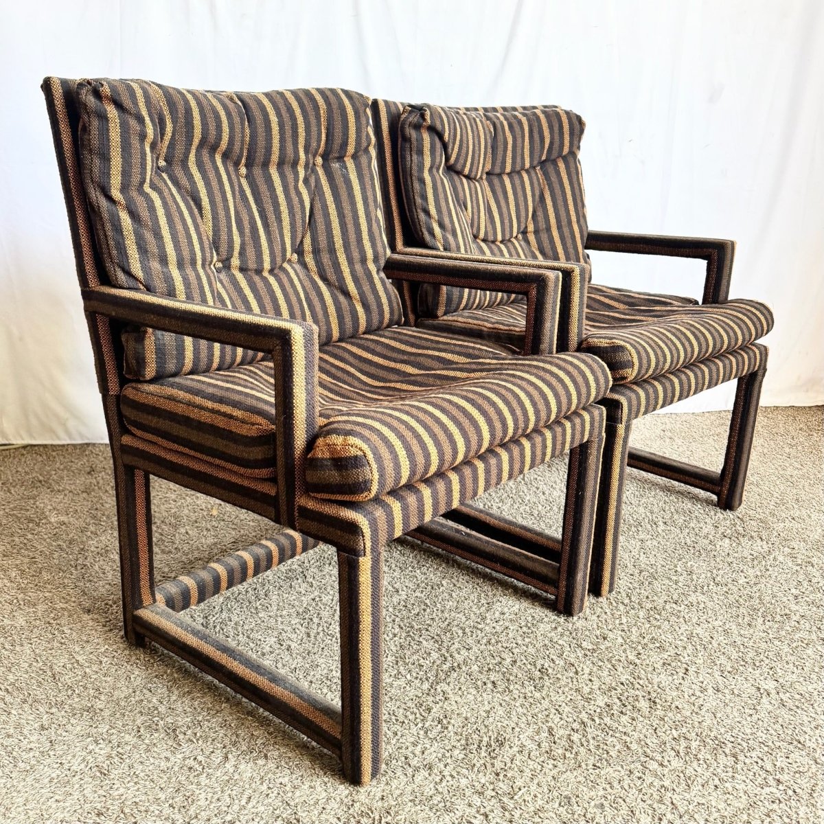 Postmodern Black and Brown Tufted Parsons Arm Chairs - A Pair - Dolphin & Flamingo