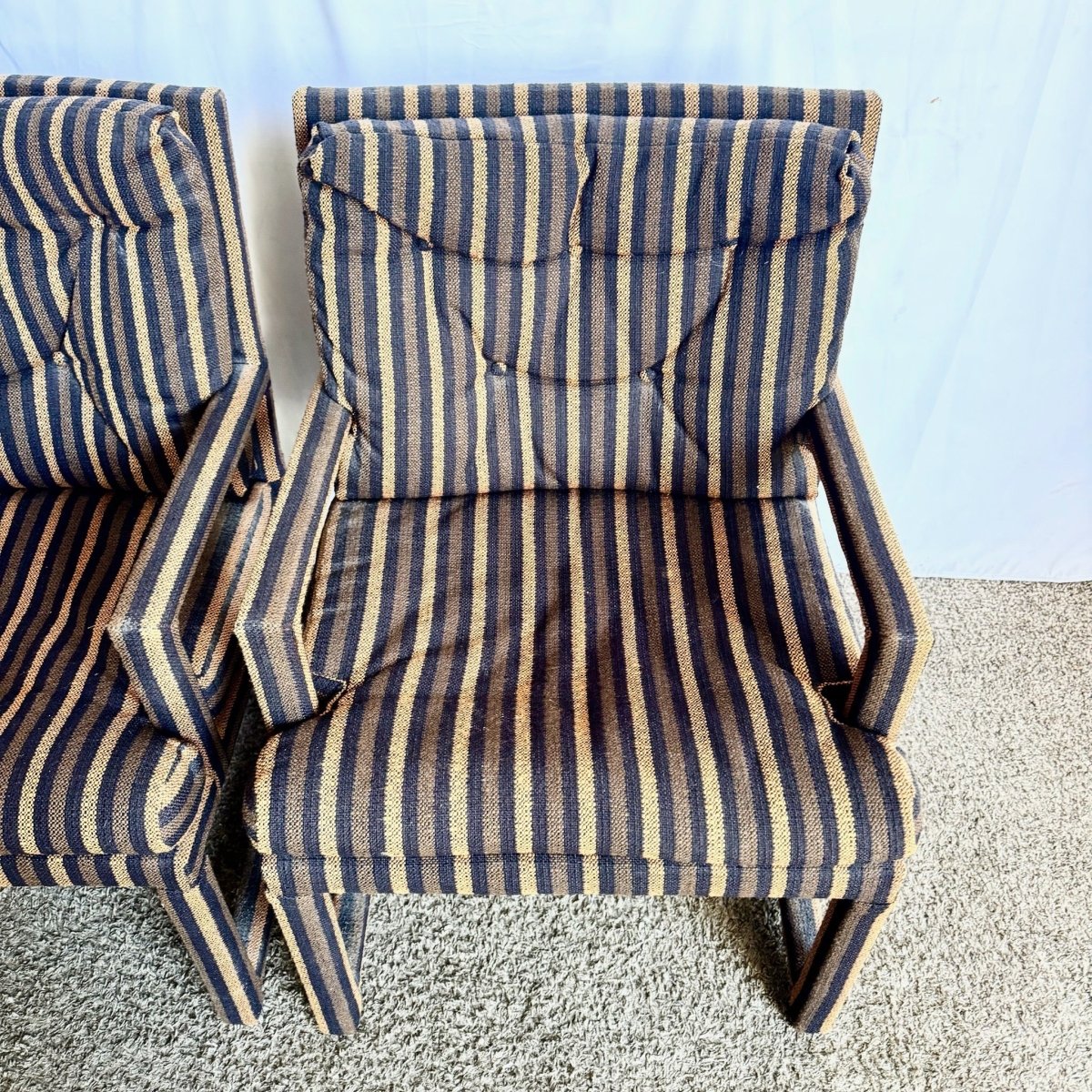 Postmodern Black and Brown Tufted Parsons Arm Chairs - A Pair - Dolphin & Flamingo