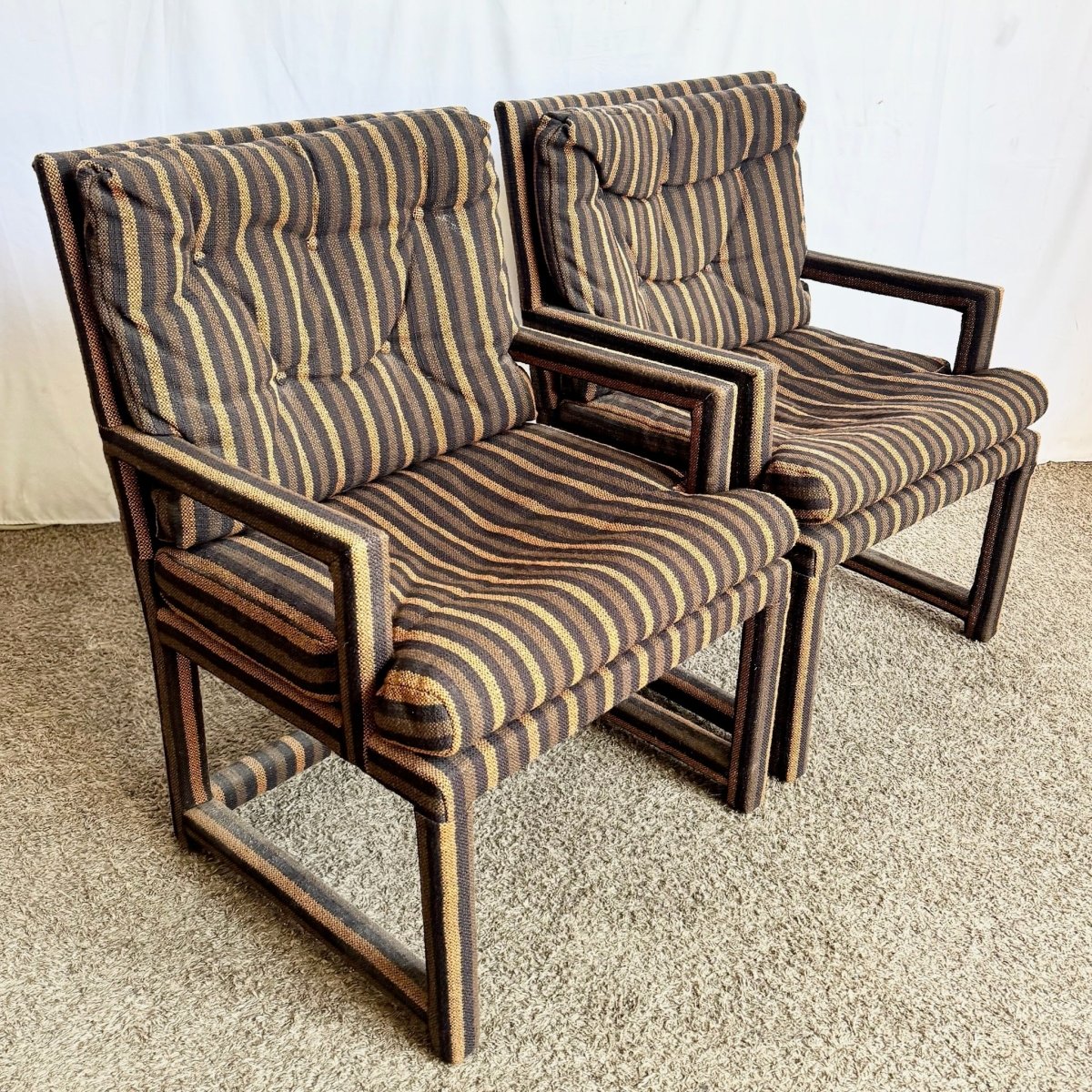 Postmodern Black and Brown Tufted Parsons Arm Chairs - A Pair - Dolphin & Flamingo
