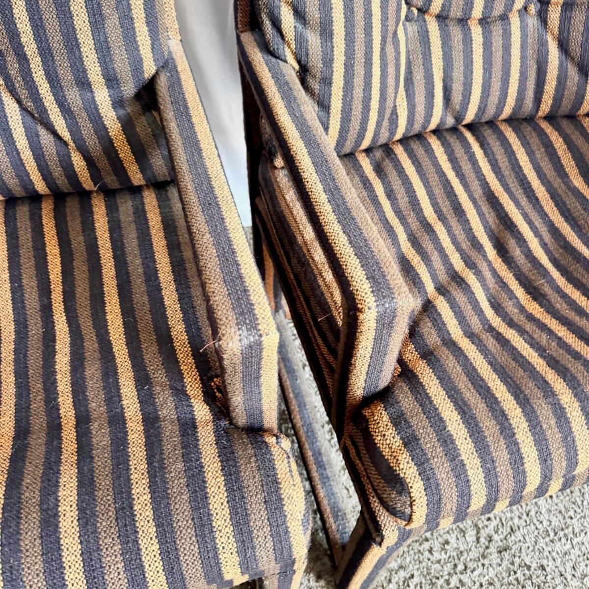 Postmodern Black and Brown Tufted Parsons Arm Chairs - A Pair - Dolphin & Flamingo