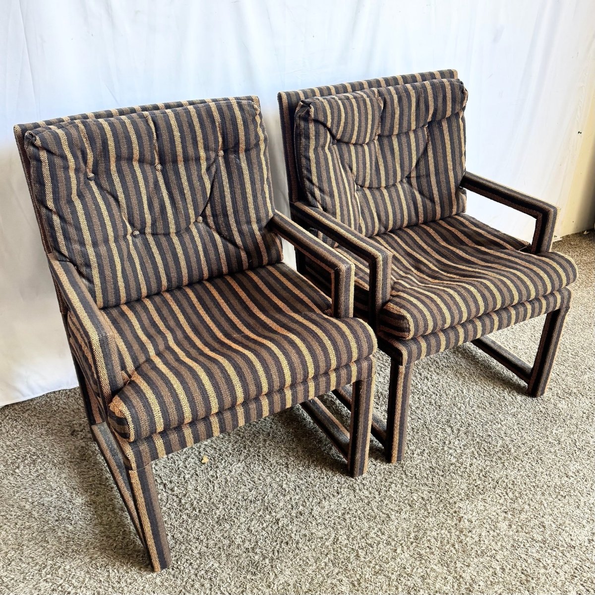 Postmodern Black and Brown Tufted Parsons Arm Chairs - A Pair - Dolphin & Flamingo