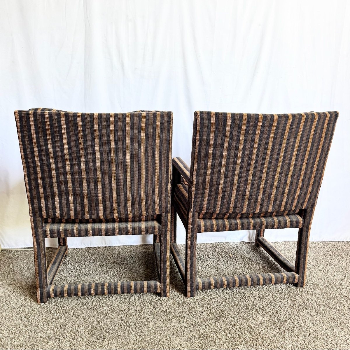 Postmodern Black and Brown Tufted Parsons Arm Chairs - A Pair - Dolphin & Flamingo