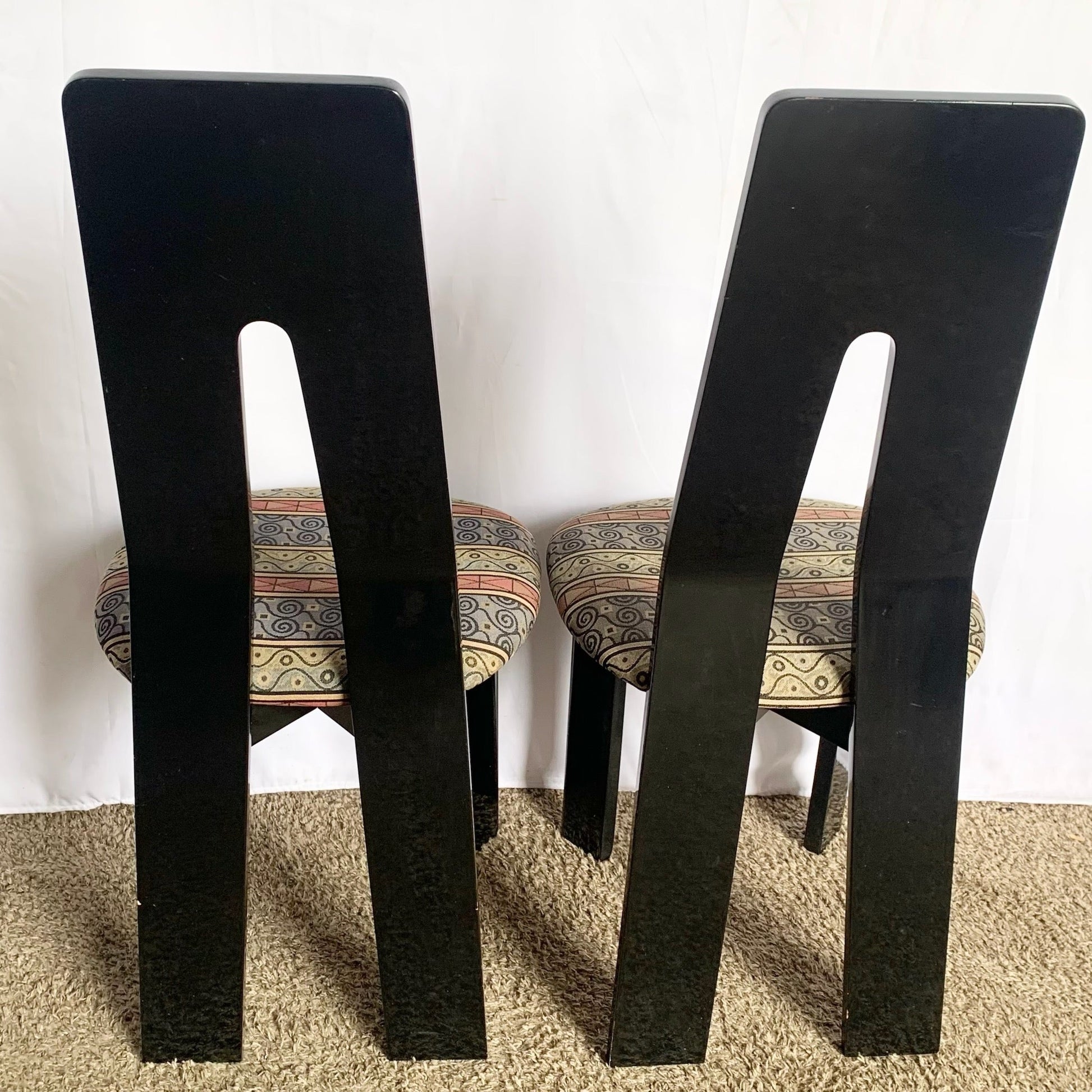 Postmodern Black Lacquered Sculpted Dining Chairs - Set of 6 - Dolphin & Flamingo