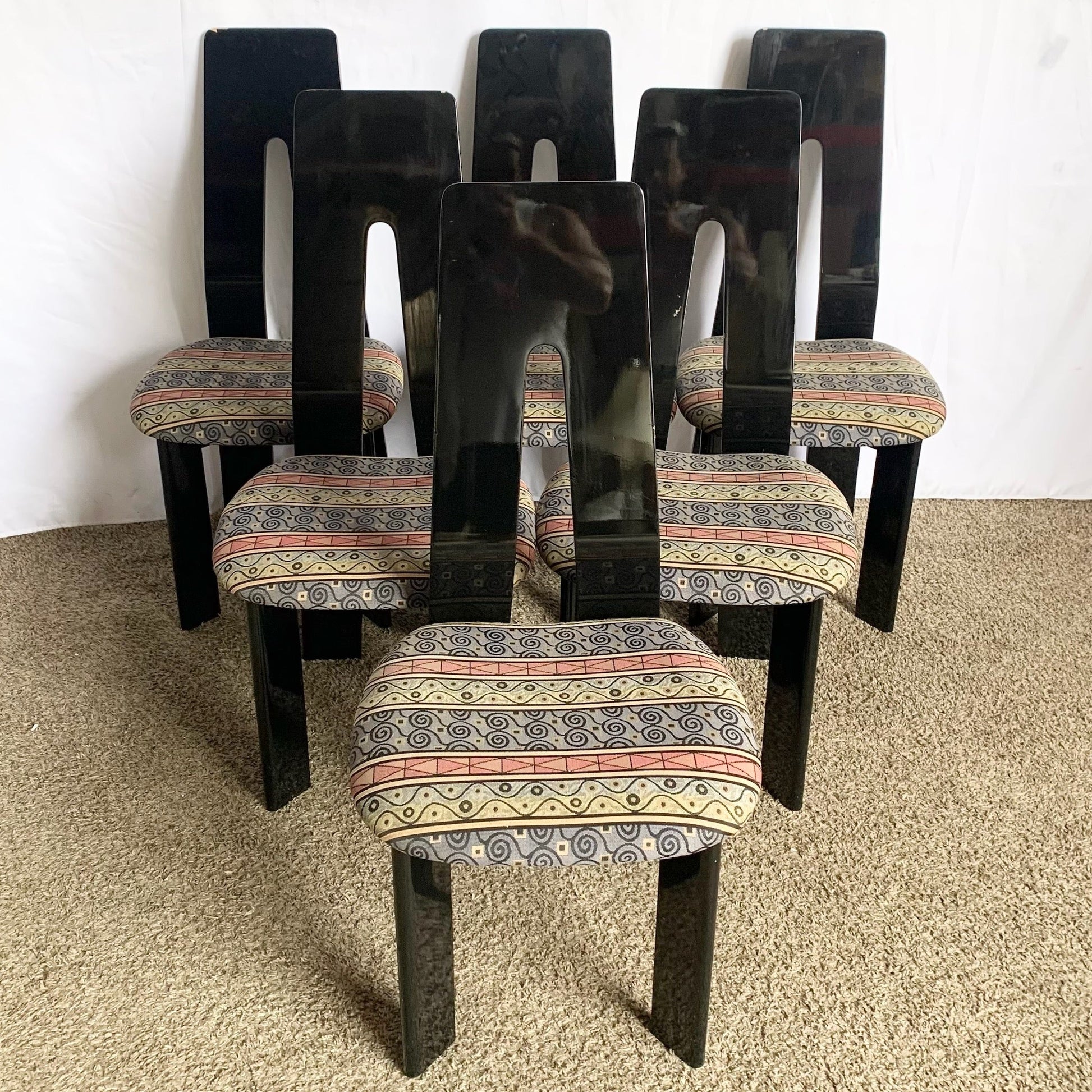 Postmodern Black Lacquered Sculpted Dining Chairs - Set of 6 - Dolphin & Flamingo