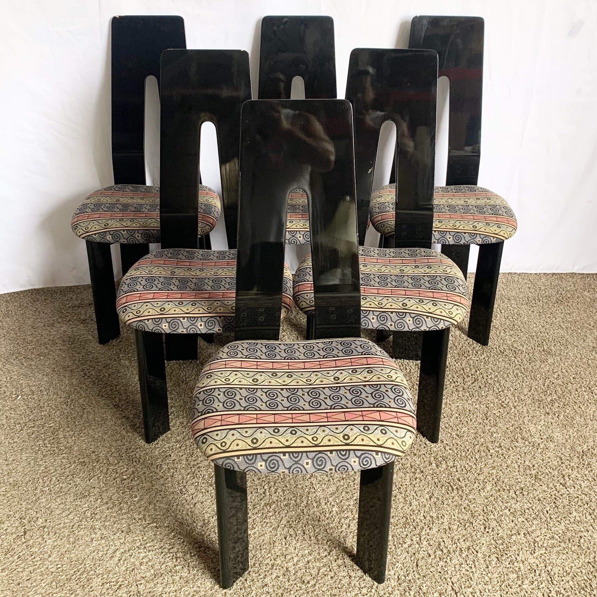 Postmodern Black Lacquered Sculpted Dining Chairs - Set of 6 - Dolphin & Flamingo