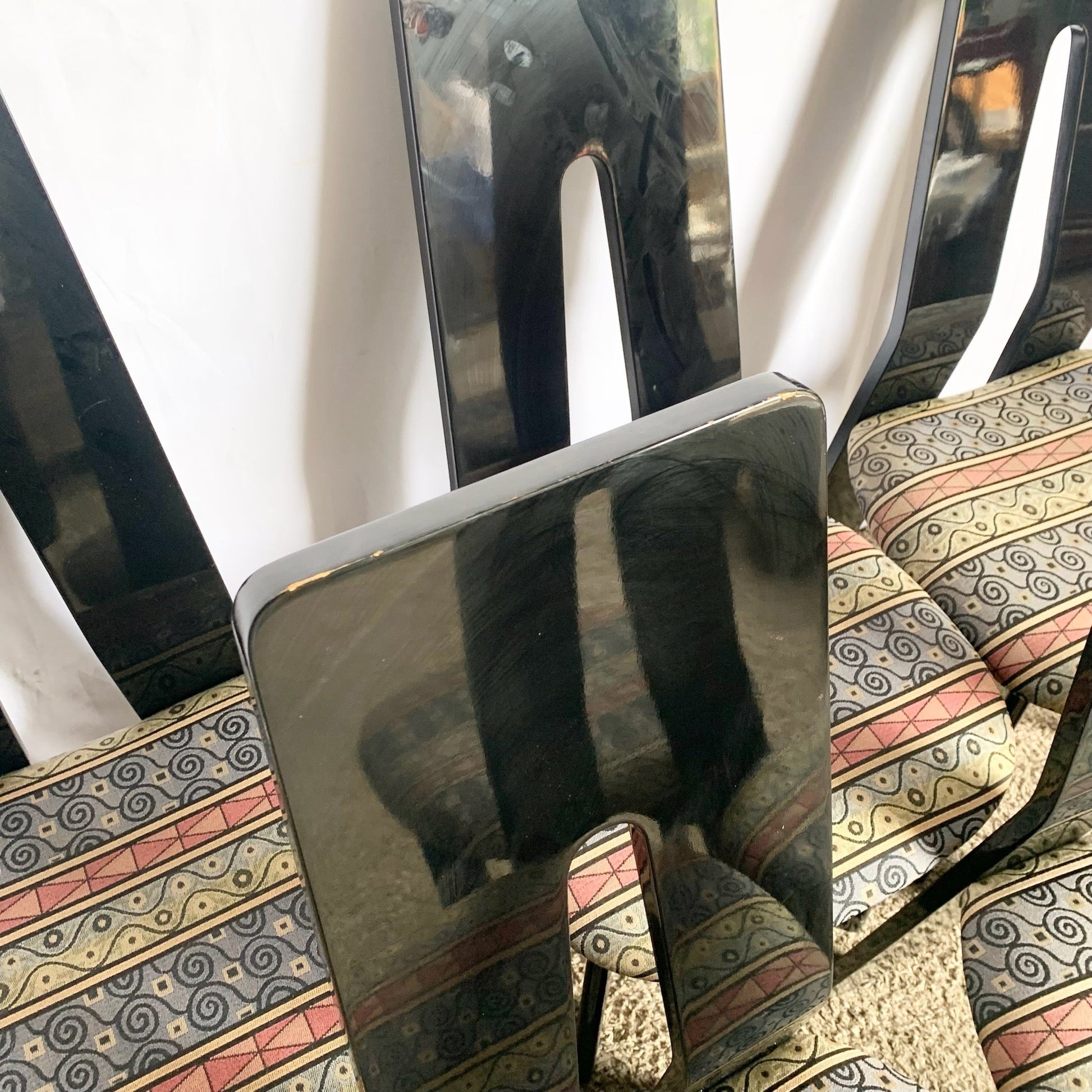 Postmodern Black Lacquered Sculpted Dining Chairs - Set of 6 - Dolphin & Flamingo