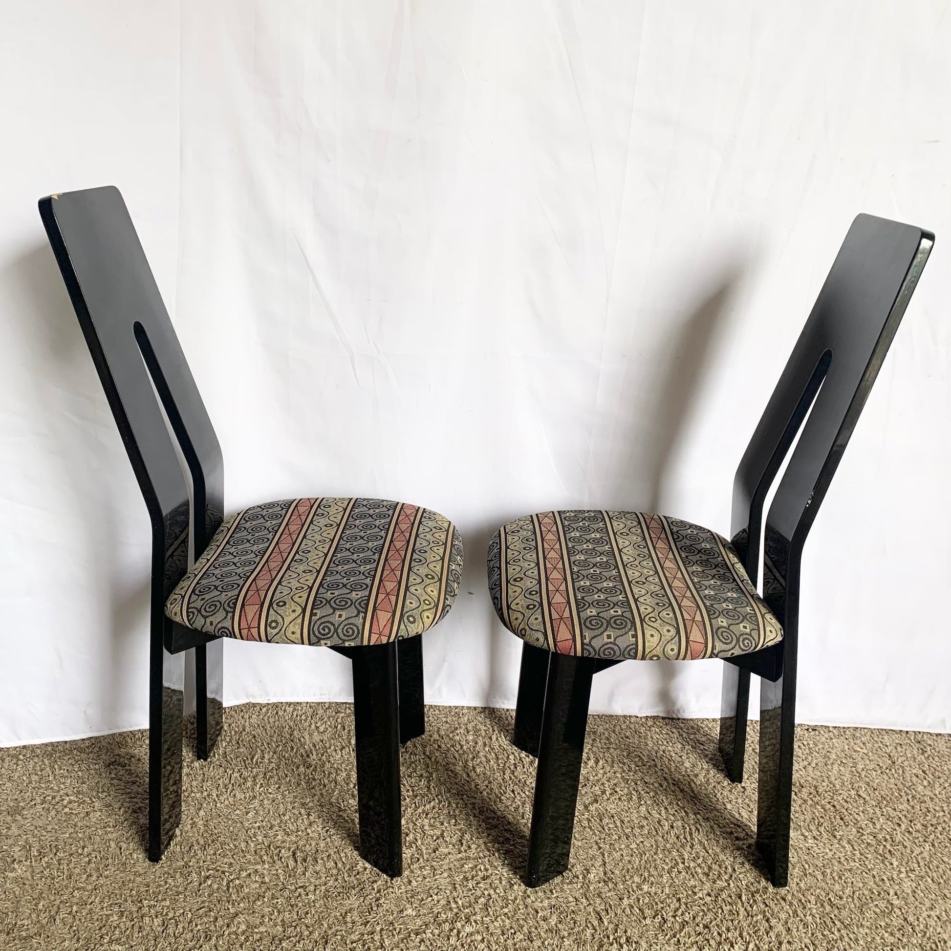 Postmodern Black Lacquered Sculpted Dining Chairs - Set of 6 - Dolphin & Flamingo