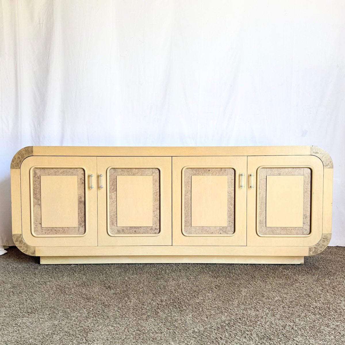 Postmodern Blonde Waterfall Credenza With Burl Wood Accents - Dolphin & Flamingo