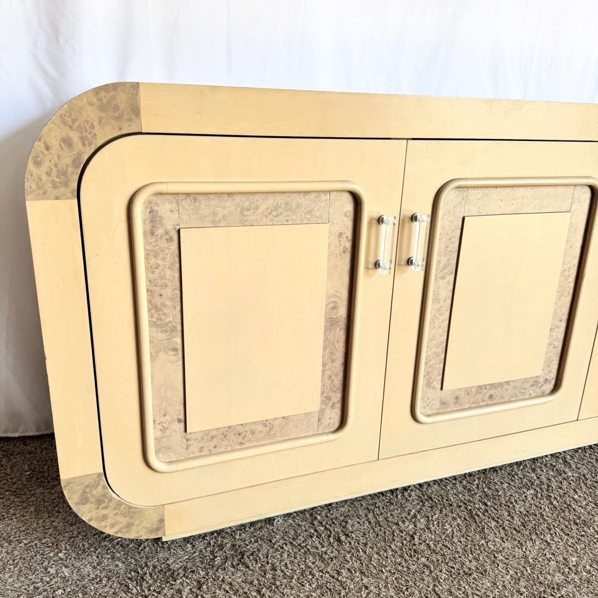 Postmodern Blonde Waterfall Credenza With Burl Wood Accents - Dolphin & Flamingo