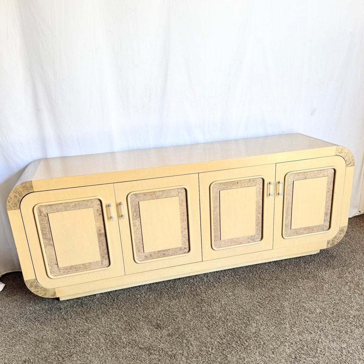 Postmodern Blonde Waterfall Credenza With Burl Wood Accents - Dolphin & Flamingo