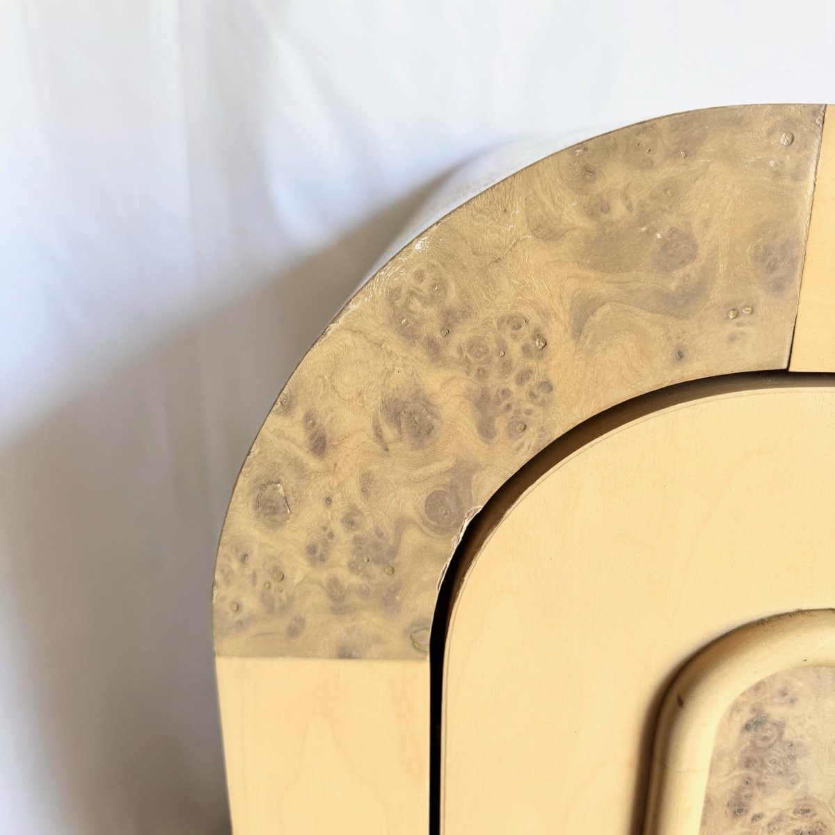 Postmodern Blonde Waterfall Credenza With Burl Wood Accents - Dolphin & Flamingo