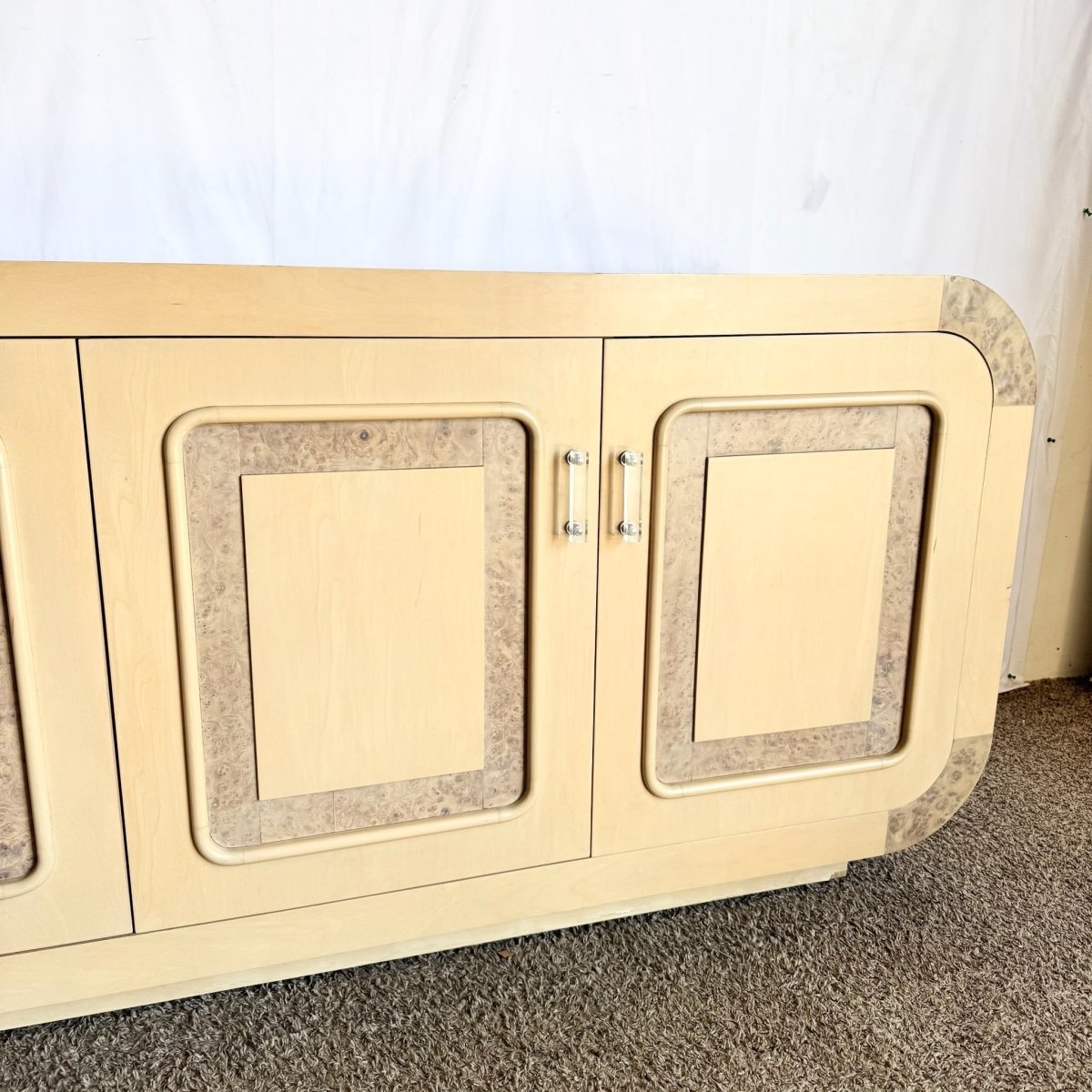 Postmodern Blonde Waterfall Credenza With Burl Wood Accents - Dolphin & Flamingo