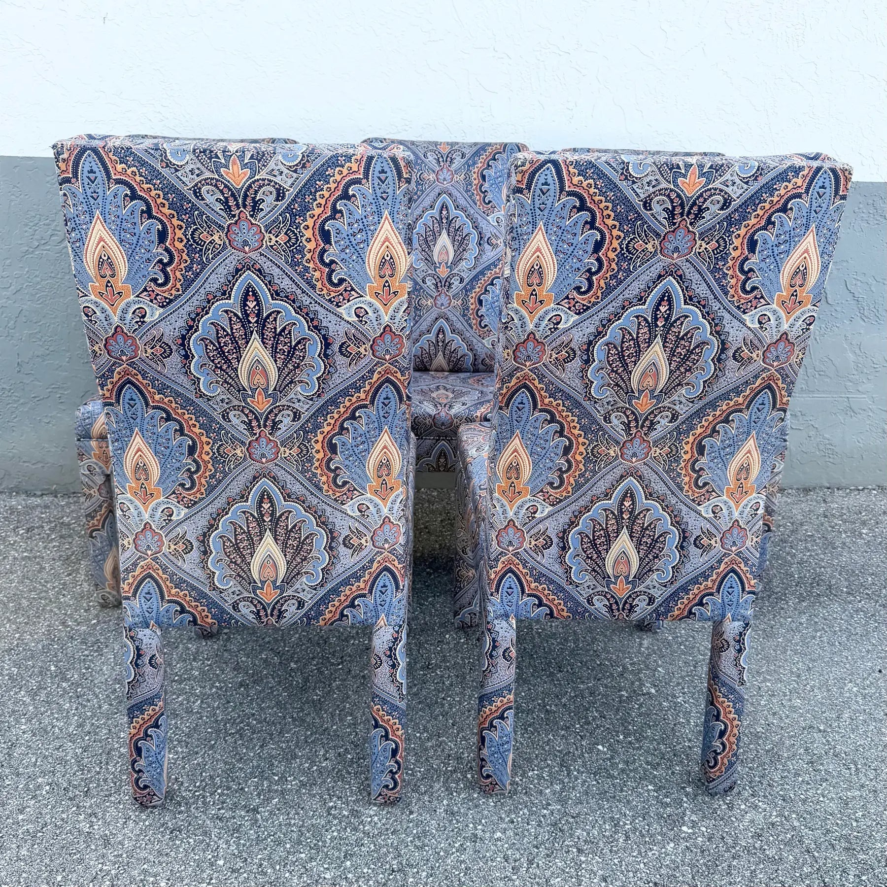 Postmodern Blue and Orange Parsons Dining Chairs by Preview - Set of 6 Dolphin & Flamingo