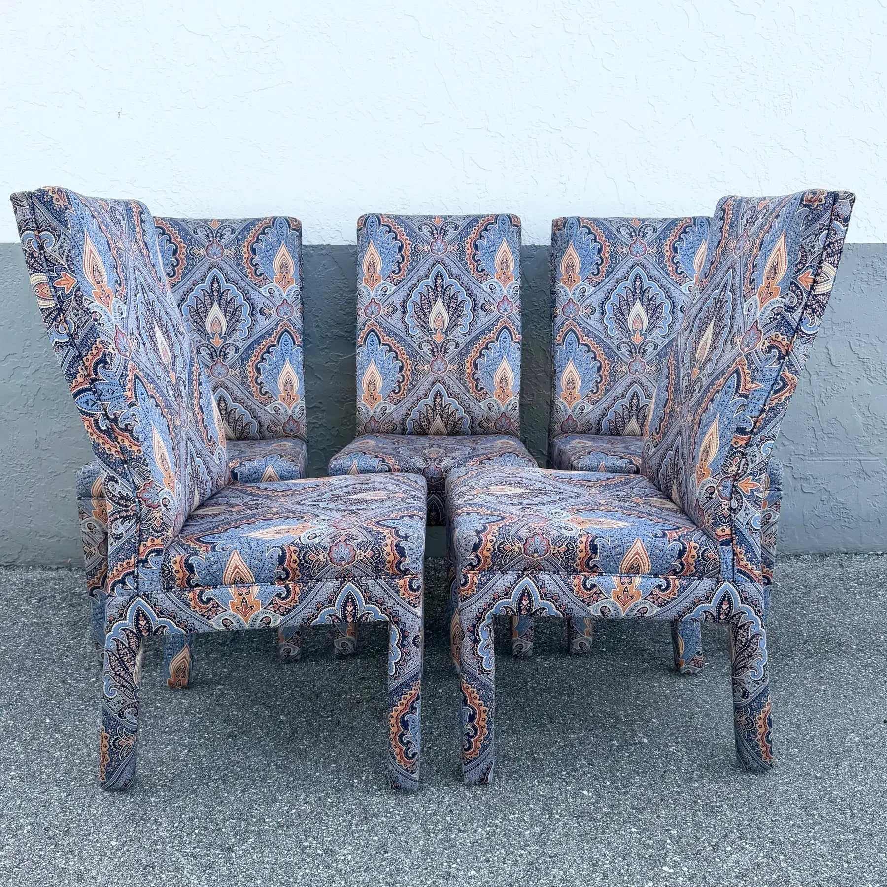 Postmodern Blue and Orange Parsons Dining Chairs by Preview - Set of 6 Dolphin & Flamingo
