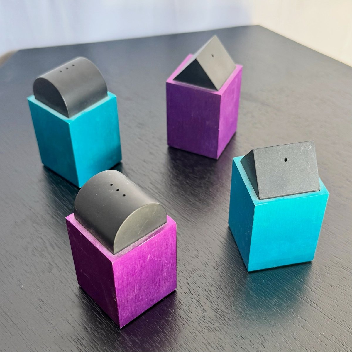 Postmodern Blue and Purple Salt and Pepper Shakers by David Tisdale for Elika, 1988 - Dolphin & Flamingo