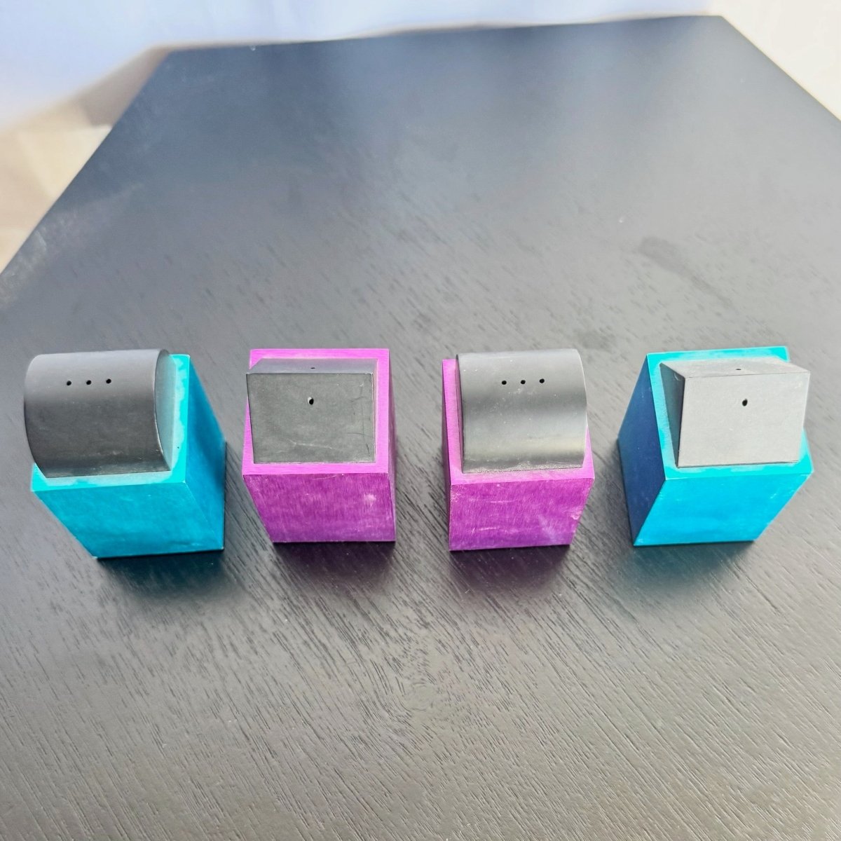 Postmodern Blue and Purple Salt and Pepper Shakers by David Tisdale for Elika, 1988 - Dolphin & Flamingo