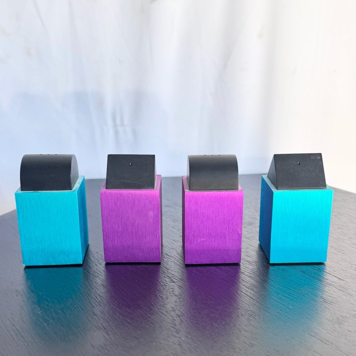 Postmodern Blue and Purple Salt and Pepper Shakers by David Tisdale for Elika, 1988 - Dolphin & Flamingo