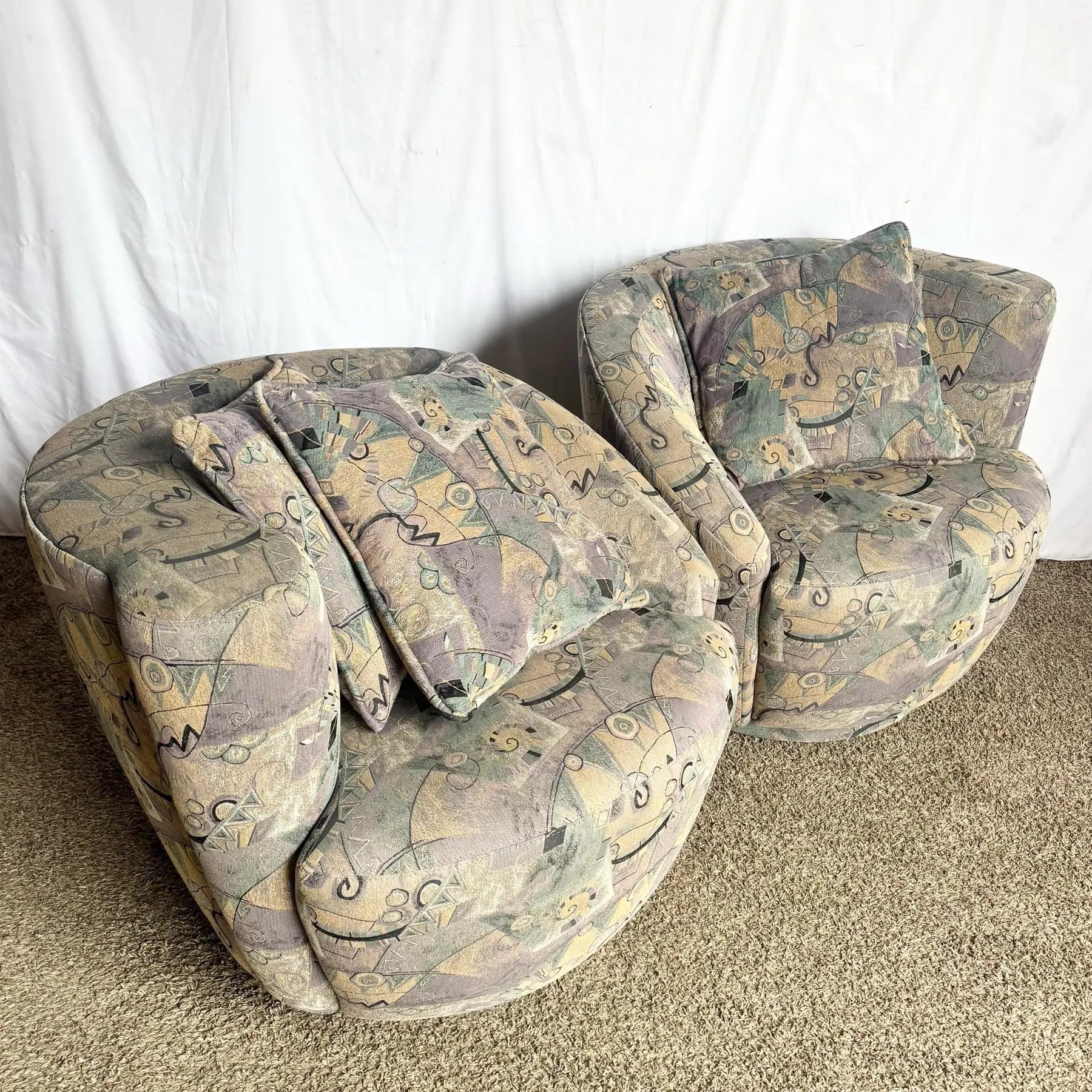 Postmodern Blue Gray and Purple Nautilus Swivel Chairs - A Pair Dolphin & Flamingo