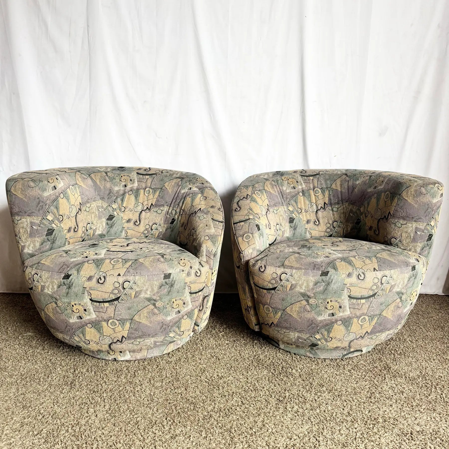 Postmodern Blue Gray and Purple Nautilus Swivel Chairs - A Pair Dolphin & Flamingo