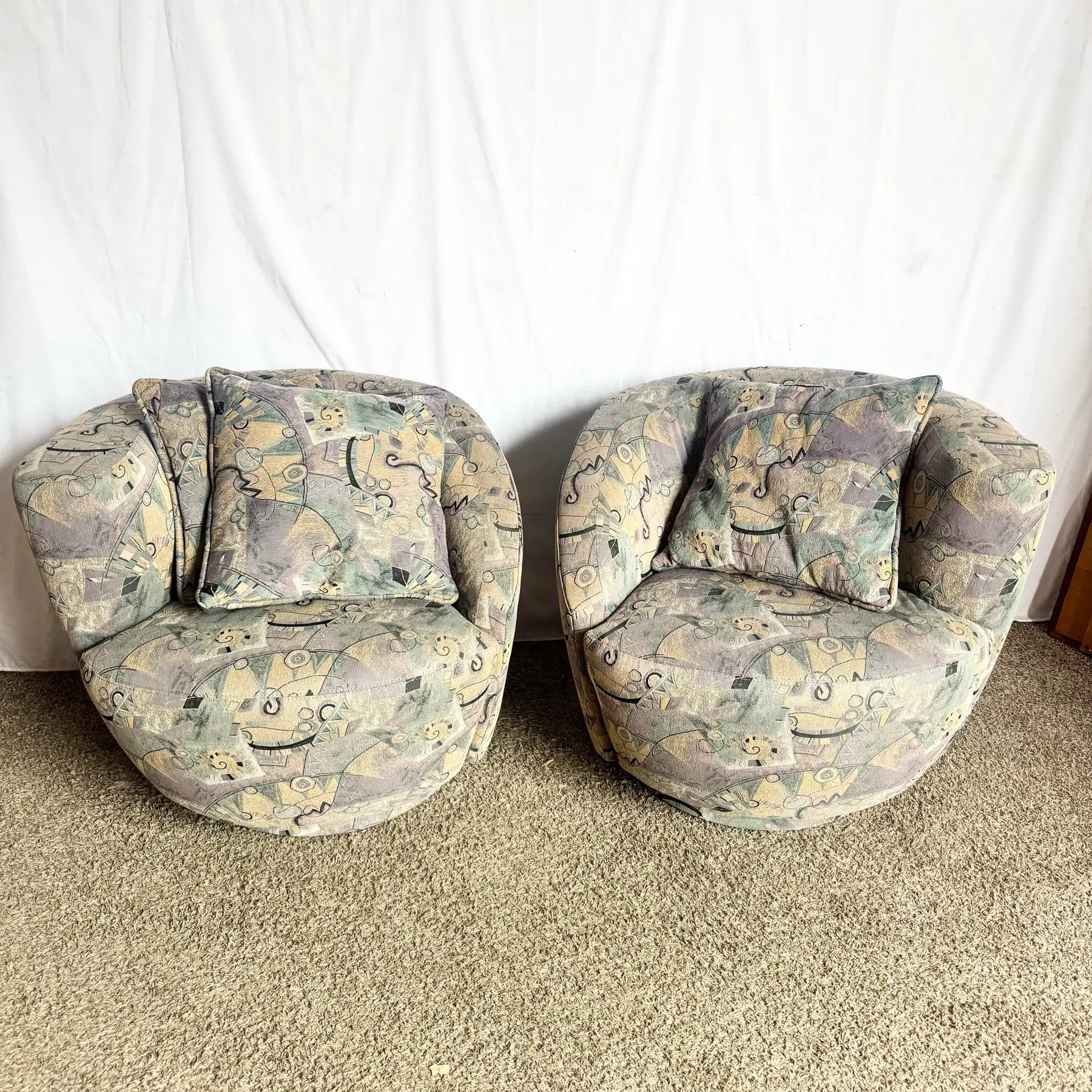 Postmodern Blue Gray and Purple Nautilus Swivel Chairs - A Pair Dolphin & Flamingo