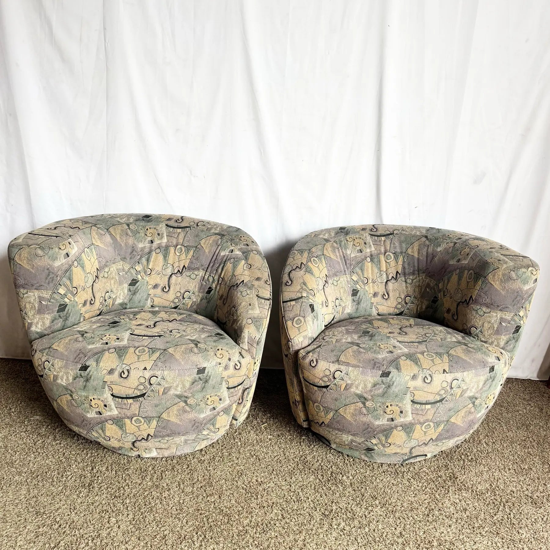 Postmodern Blue Gray and Purple Nautilus Swivel Chairs - A Pair Dolphin & Flamingo