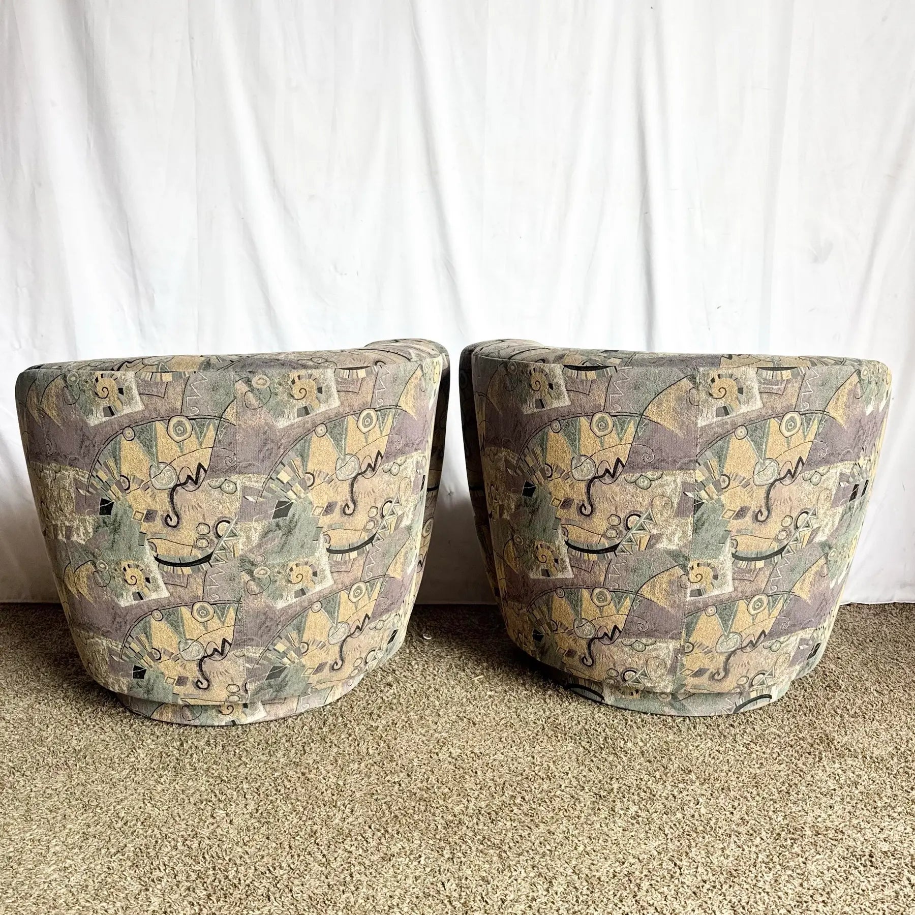 Postmodern Blue Gray and Purple Nautilus Swivel Chairs - A Pair Dolphin & Flamingo