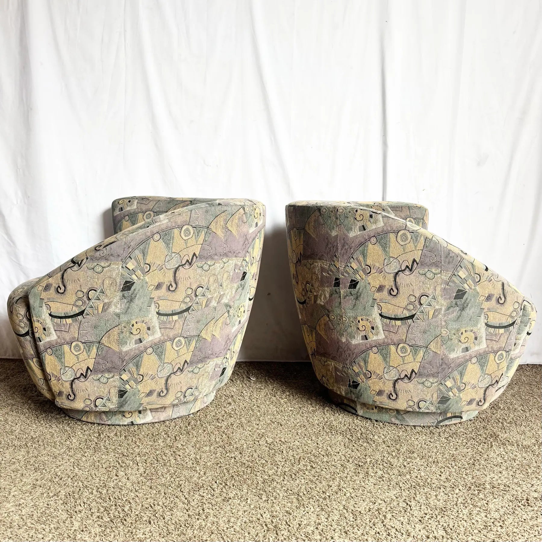 Postmodern Blue Gray and Purple Nautilus Swivel Chairs - A Pair Dolphin & Flamingo