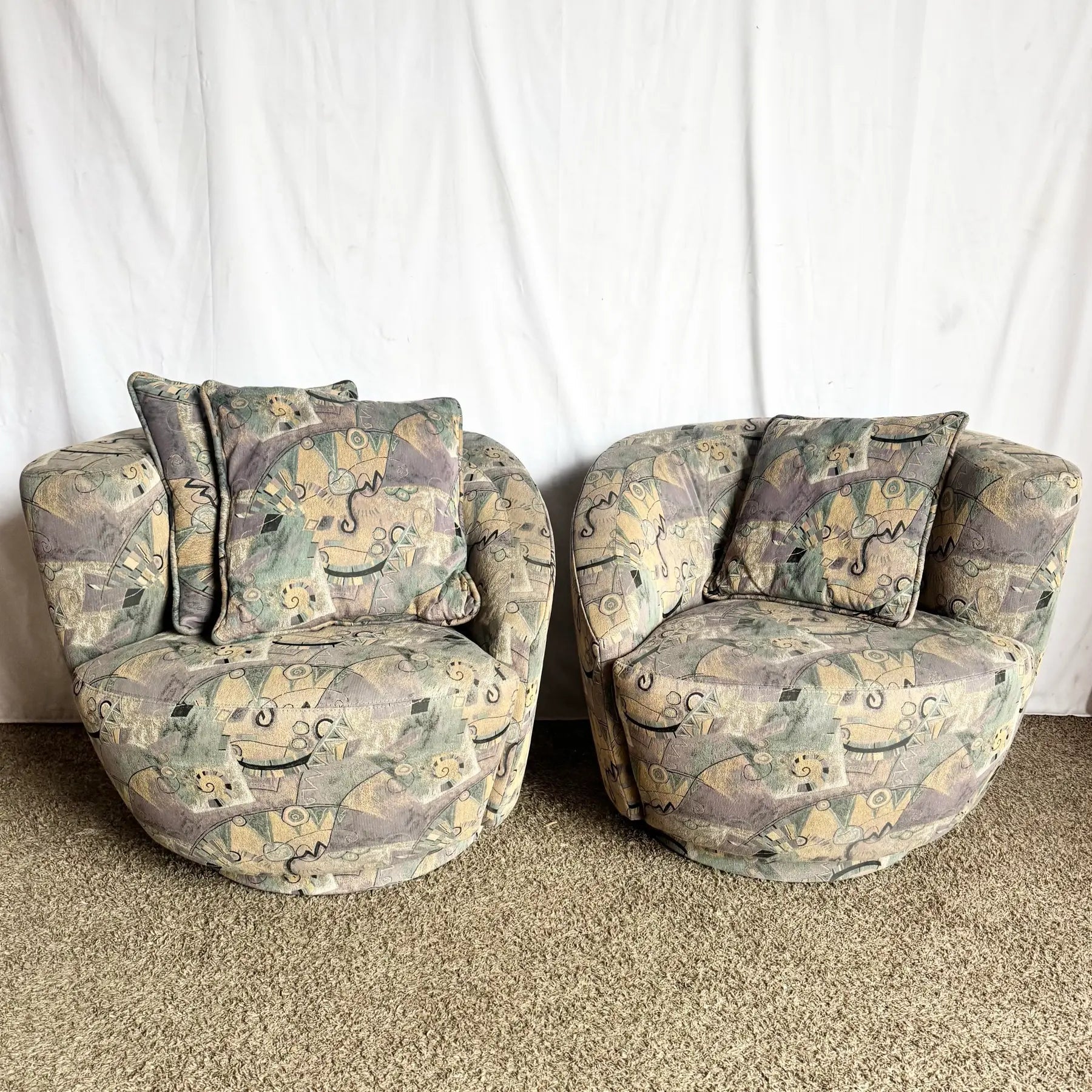 Postmodern Blue Gray and Purple Nautilus Swivel Chairs - A Pair Dolphin & Flamingo