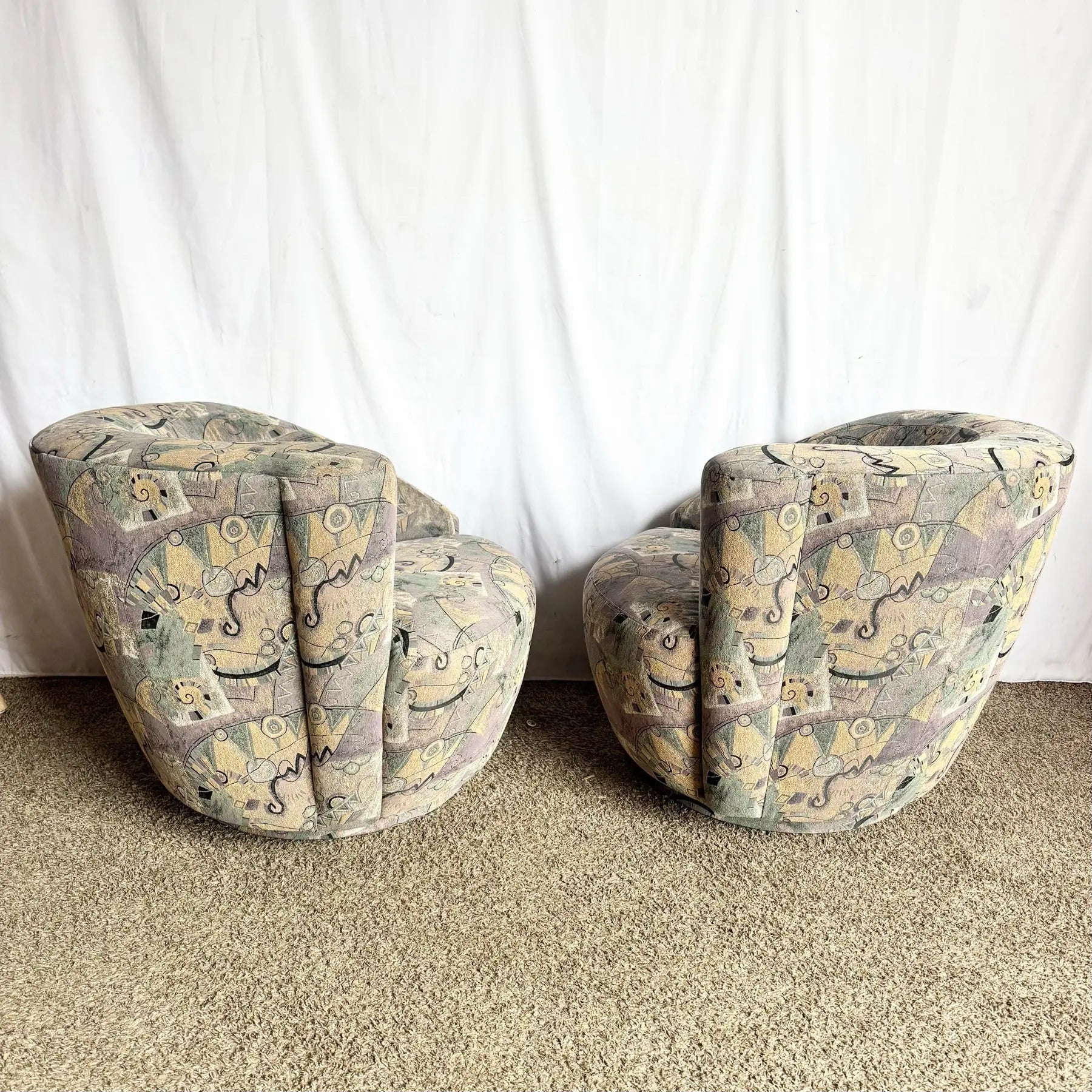 Postmodern Blue Gray and Purple Nautilus Swivel Chairs - A Pair Dolphin & Flamingo