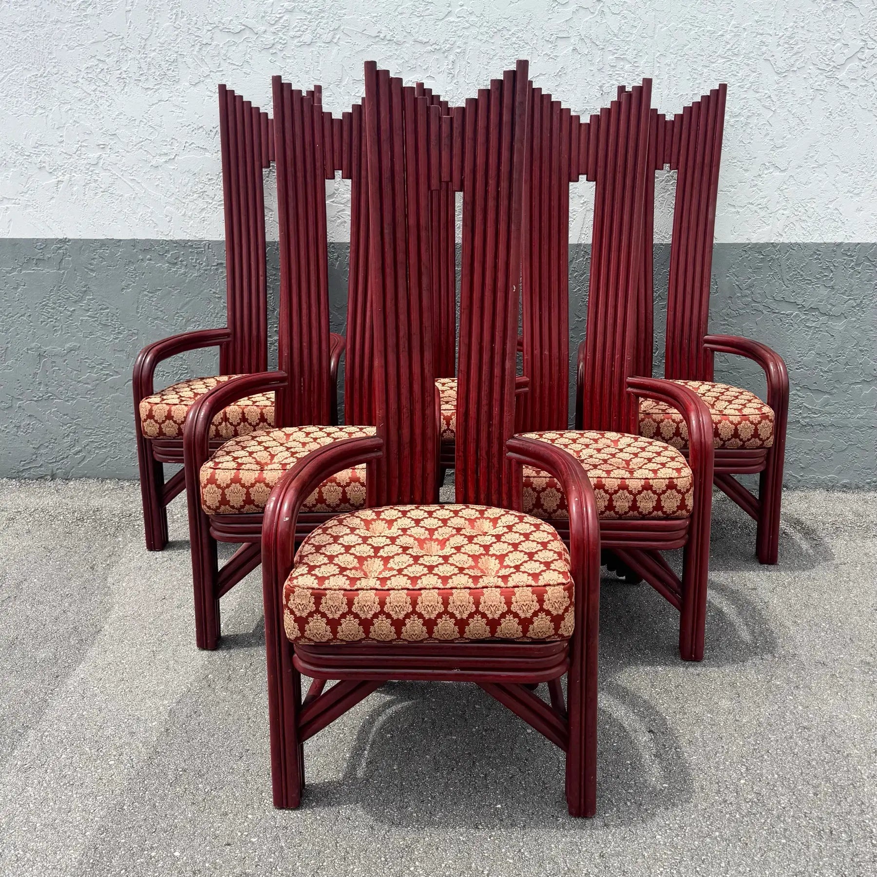Postmodern Boho Rattan High Back Dining Chairs - Set of 6 Dolphin & Flamingo