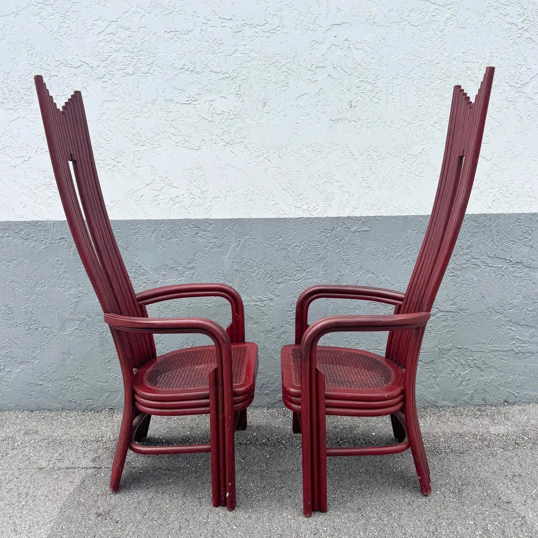 Postmodern Boho Rattan High Back Dining Chairs - Set of 6 Dolphin & Flamingo