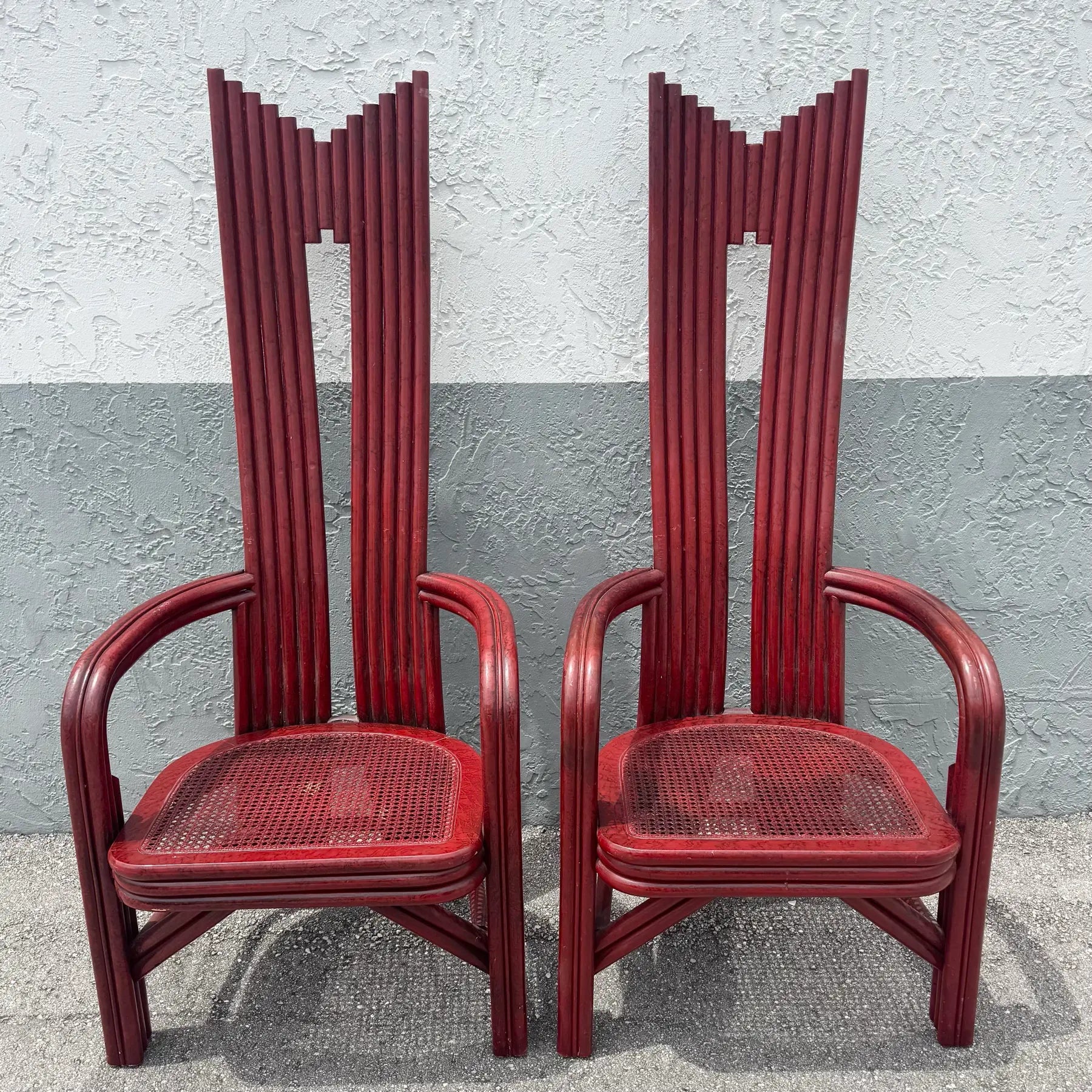 Postmodern Boho Rattan High Back Dining Chairs - Set of 6 Dolphin & Flamingo