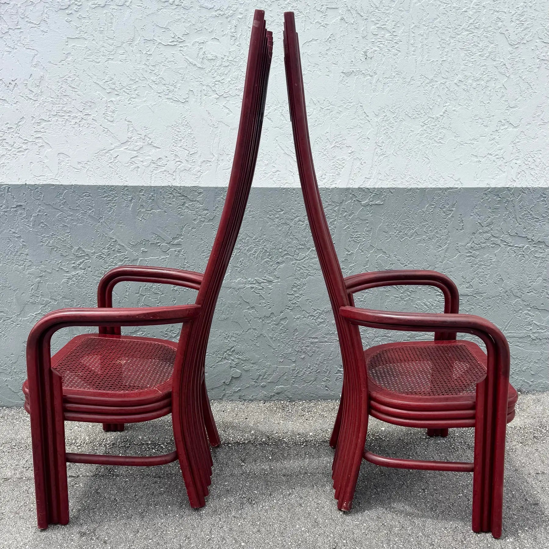 Postmodern Boho Rattan High Back Dining Chairs - Set of 6 Dolphin & Flamingo