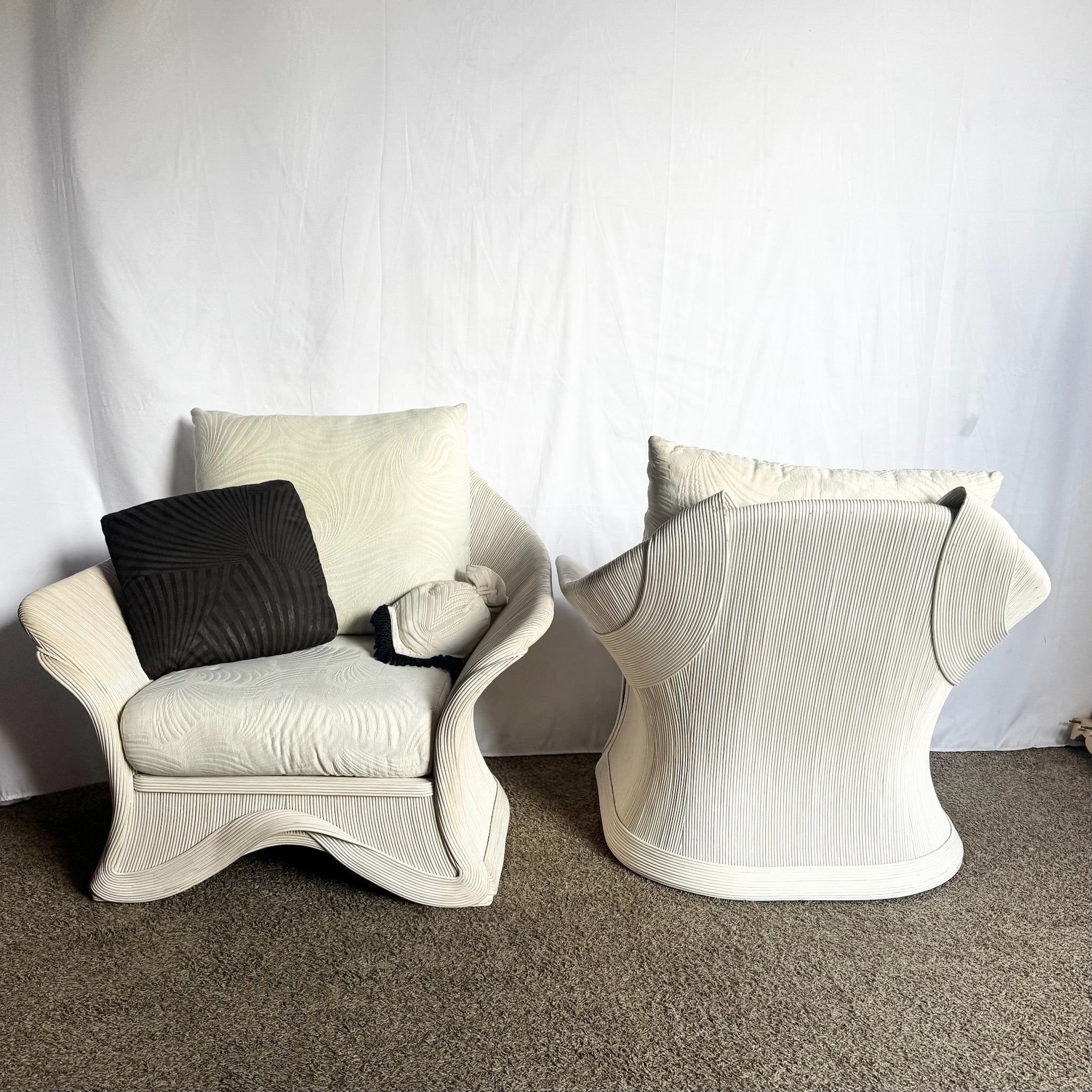 Postmodern Boho Sculpted Pencil Reed Lounge Chairs - A Pair - Dolphin & Flamingo