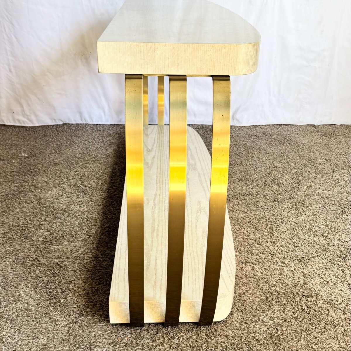 Postmodern Brushed Brass and Cerused Oak Console Table by Henredon - Dolphin & Flamingo