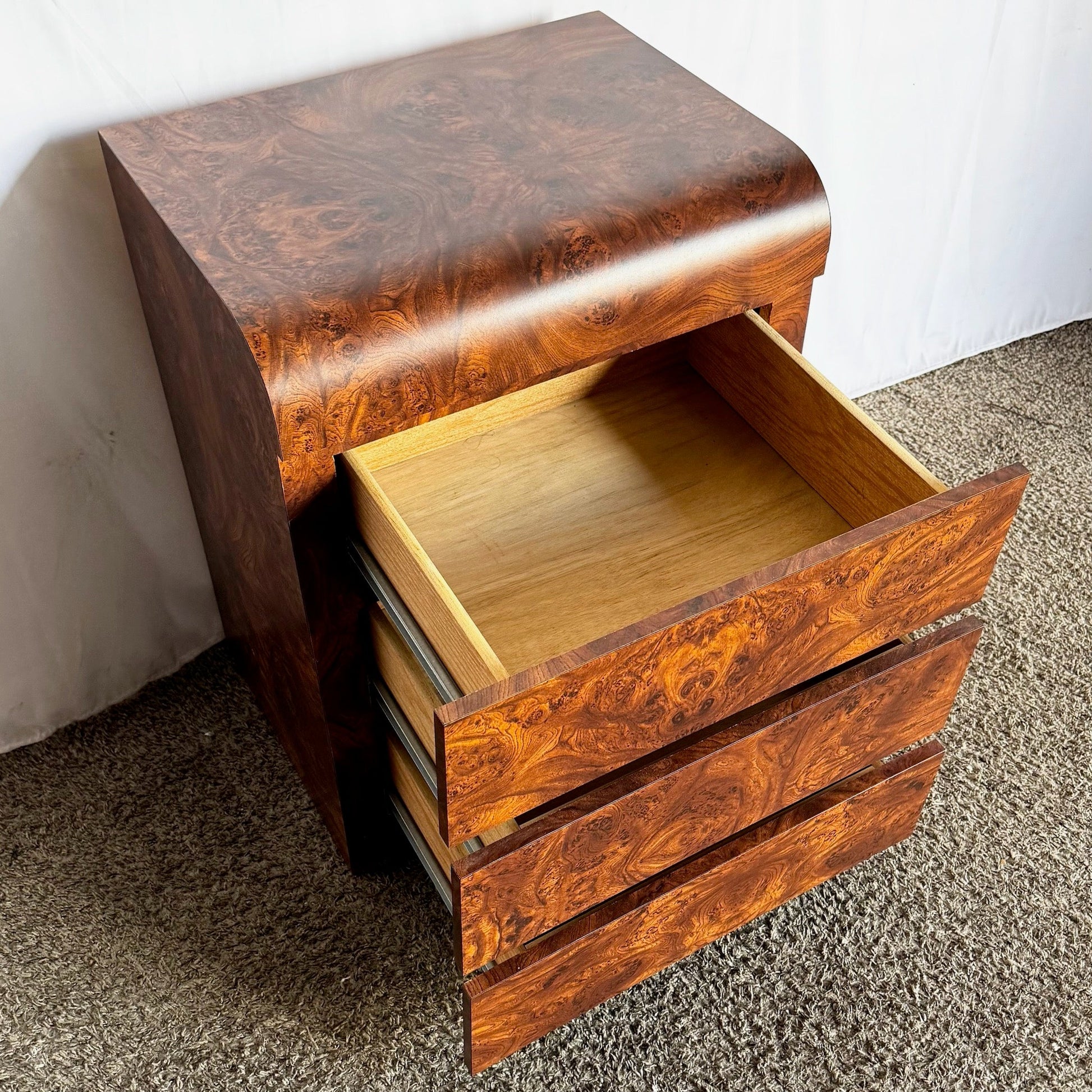 Postmodern Burl Wood Laminate Waterfall Commode/Nightstand - Dolphin & Flamingo