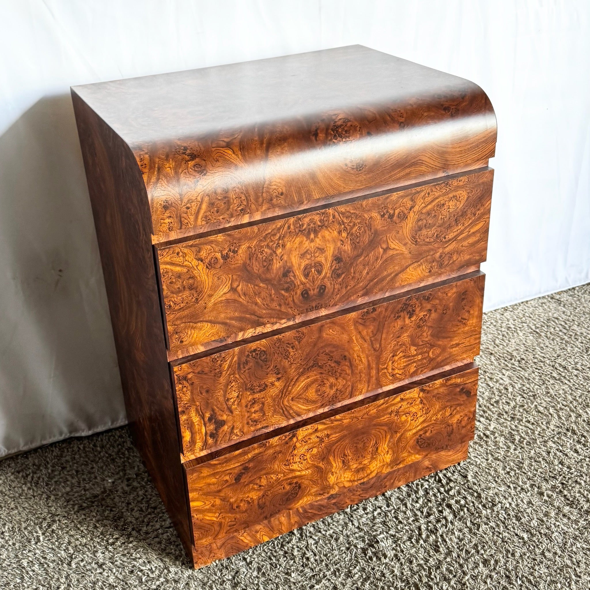 Postmodern Burl Wood Laminate Waterfall Commode/Nightstand - Dolphin & Flamingo
