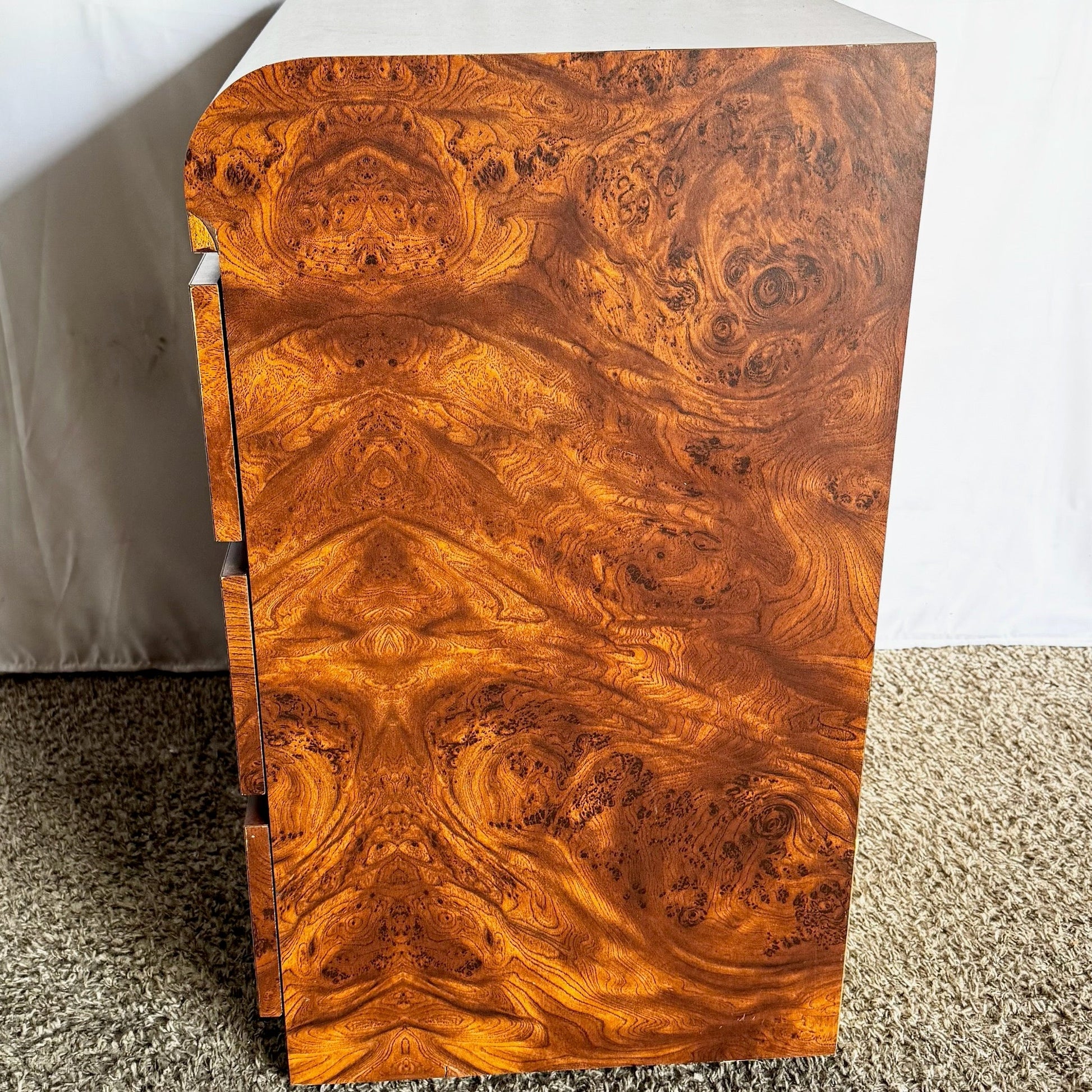 Postmodern Burl Wood Laminate Waterfall Commode/Nightstand - Dolphin & Flamingo
