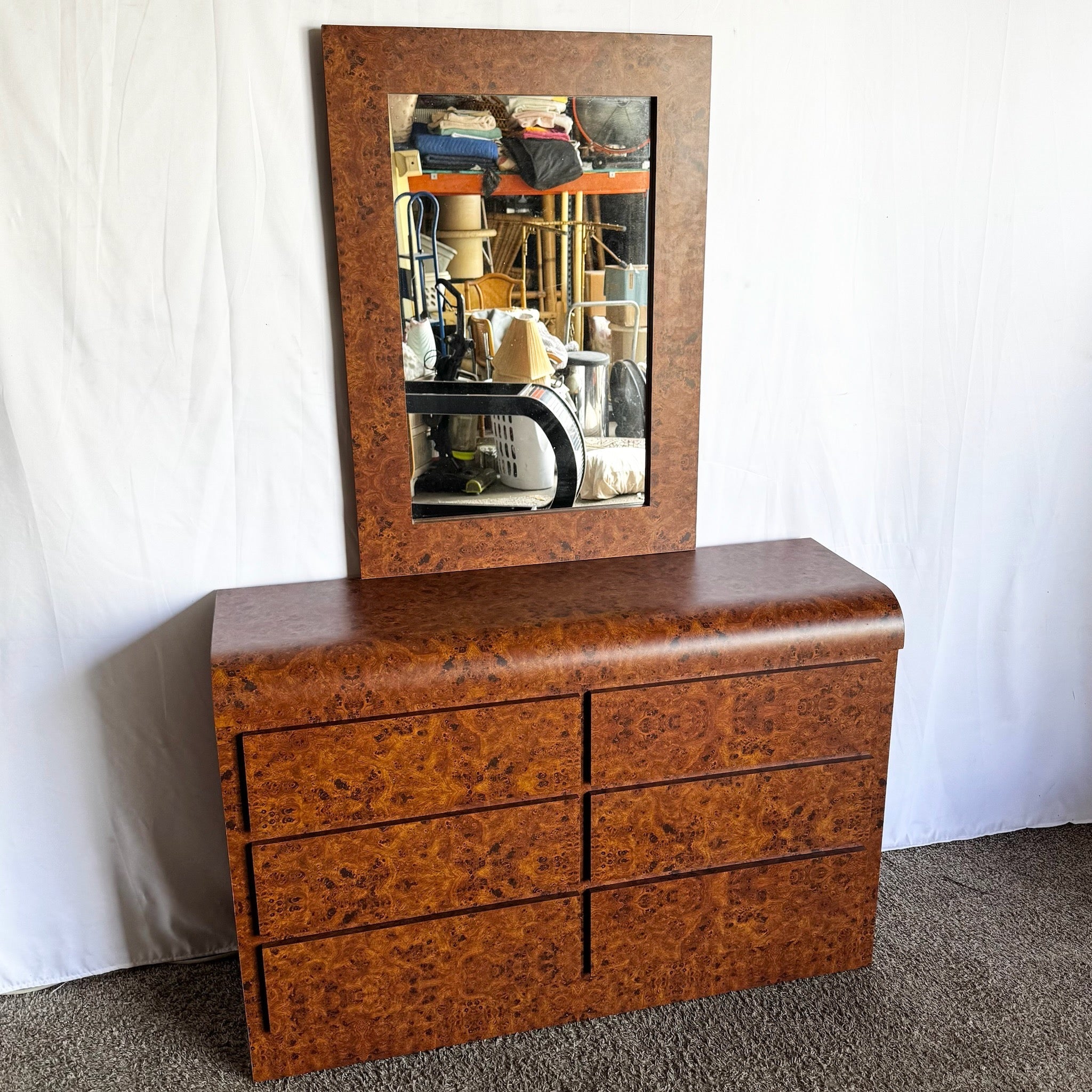 Postmodern Burl Wood Laminate Waterfall Dresser With Mirror - 2 Pieces - Dolphin & Flamingo