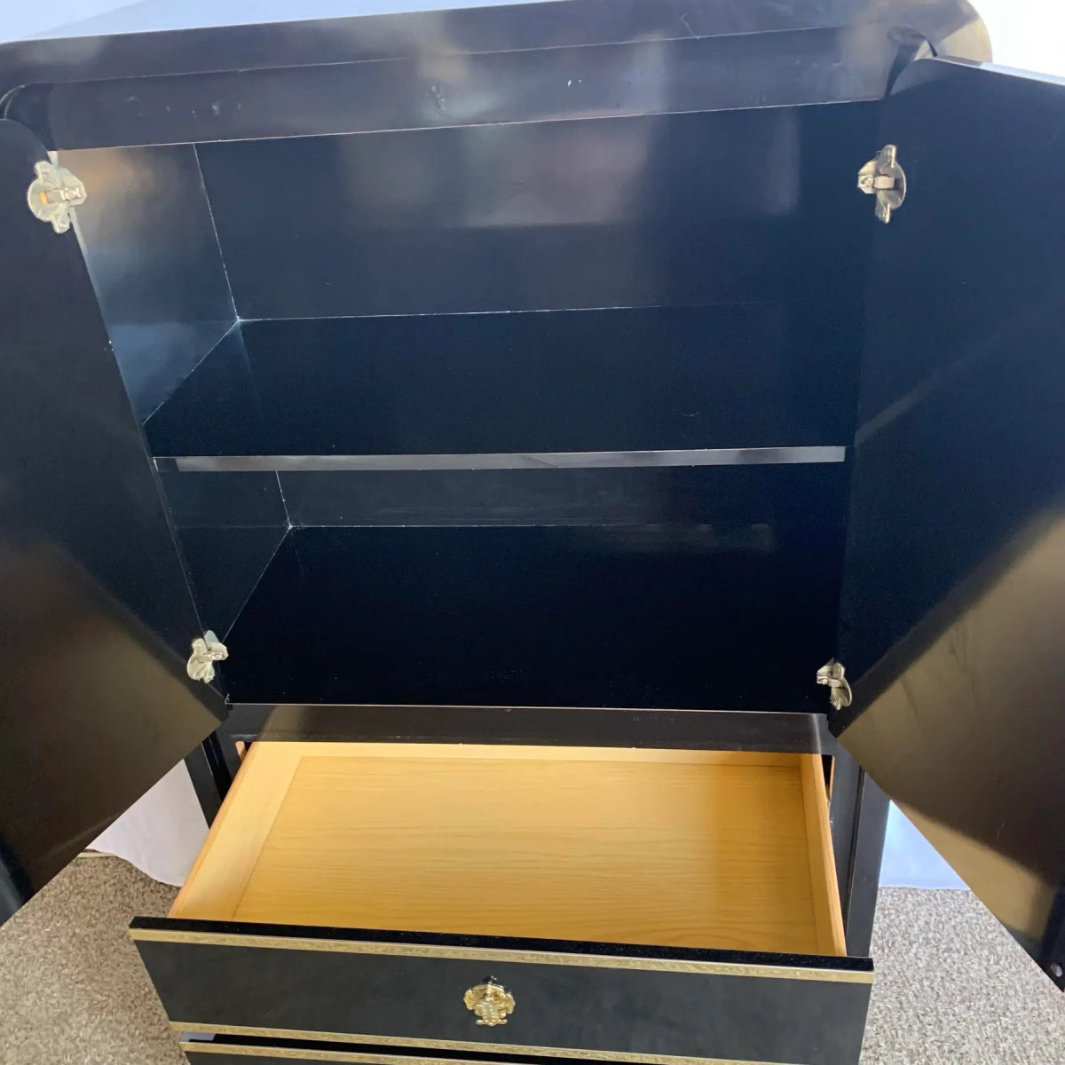 Postmodern Chinoiserie Black Lacquer Laminate Waterfall Armoire With Gold Accents - Dolphin & Flamingo