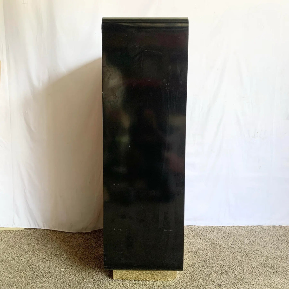 Postmodern Chinoiserie Black Lacquer Laminate Waterfall Armoire With Gold Accents - Dolphin & Flamingo