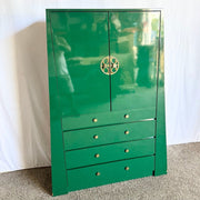 Postmodern Chinoiserie Green Lacquer Laminate Armoire With Brass Accents - Dolphin & Flamingo