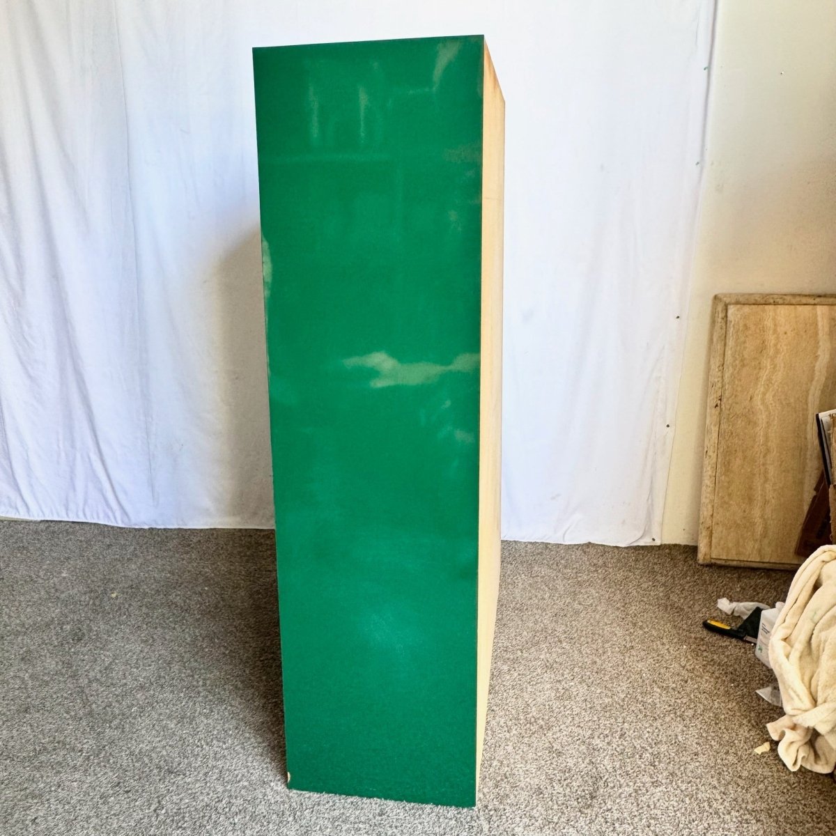 Postmodern Chinoiserie Green Lacquer Laminate Armoire With Brass Accents - Dolphin & Flamingo