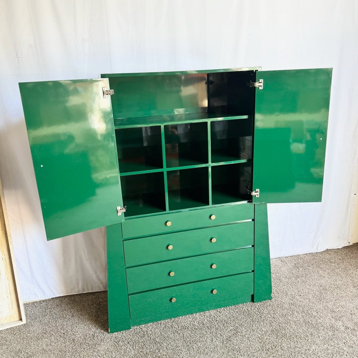 Postmodern Chinoiserie Green Lacquer Laminate Armoire With Brass Accents - Dolphin & Flamingo